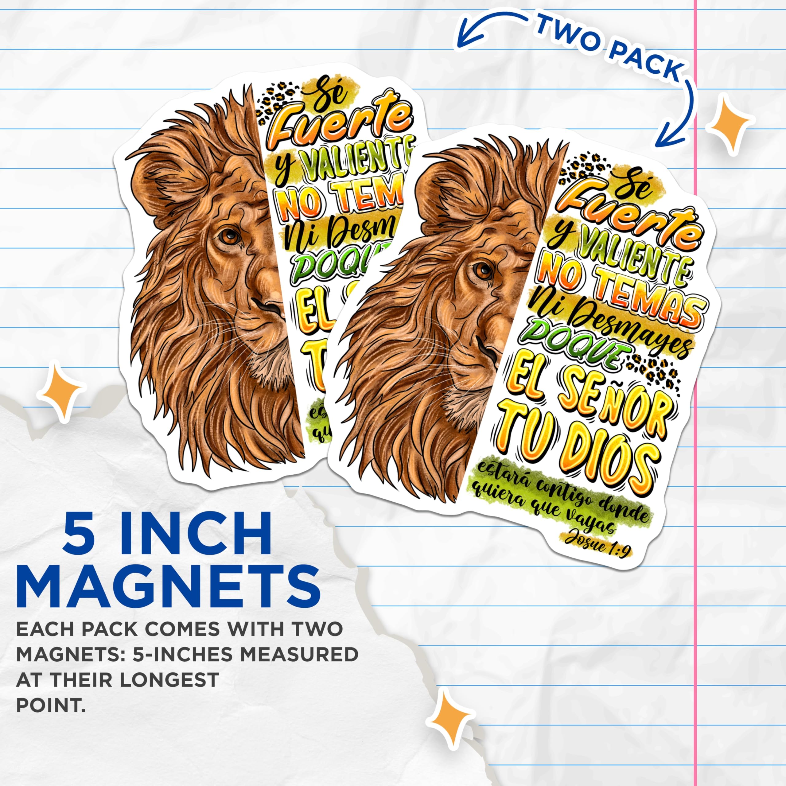 (2 Pack) Spanish Christian Magnets - Lion Bible Verse - Inspirational Scripture Decor - 5 Inches On Longest Side - Thick Durable Magnet - Made in USA - MAG28048