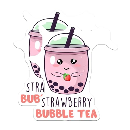 (2 Pack) Strawberry Bubble Tea Stickers - Cute Drink Decal - Kawaii Boba Tea Art - 5" On Longest Side - Sticks to Smooth Flat Surfaces - Made in USA - BMCS7760