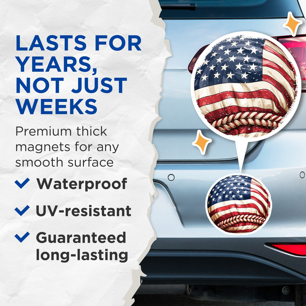(2 Pack) American Flag Baseball Magnets - Patriotic Sports Fan - July 4th Decor for Dad - 5 Inches On Longest Side - Thick Durable Magnet - Made in USA - MAG39967