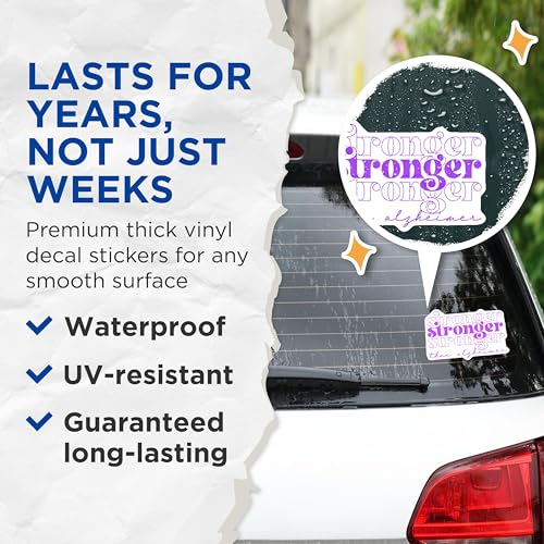 (2 Pack) Stronger Than Alzheimer Stickers - Inspirational Quote Stickers - Support Awareness Stickers - 5" On Longest Side - Sticks to Smooth Flat Surfaces - Made in USA - BMCS9798