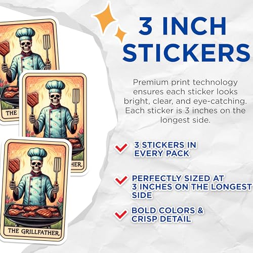 (3 Pack) Grillfather Decals - Funny Grilling Dad - Skeleton Chef Decal - 3 Inches On Longest Side - Easy Peel & Apply - Made in USA - 3MCS4190