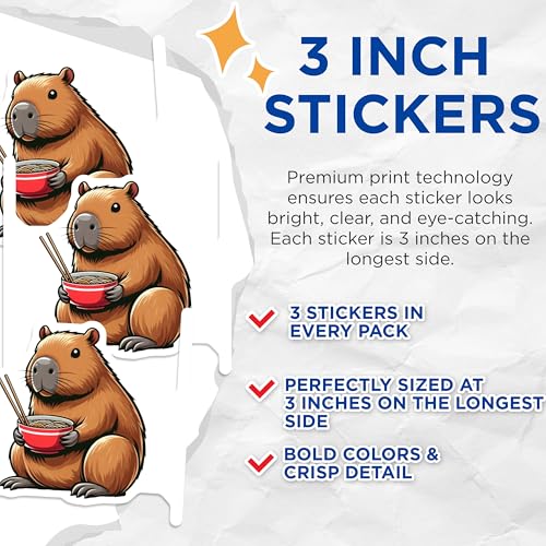 (3 Pack) Capybara Ramen Decals - Cute Rodent Stickers - Laptop Water Bottle Decals - 3 Inches On Longest Side - Easy Peel & Apply - Made in USA - 3MCS8677