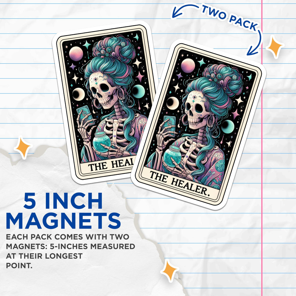 (2 Pack) The Healer Tarot Card Magnets - Mystical Skeleton Art - Bohemian Witchy Decor - 5 Inches On Longest Side - Thick Durable Magnet - Made in USA - MAG20821