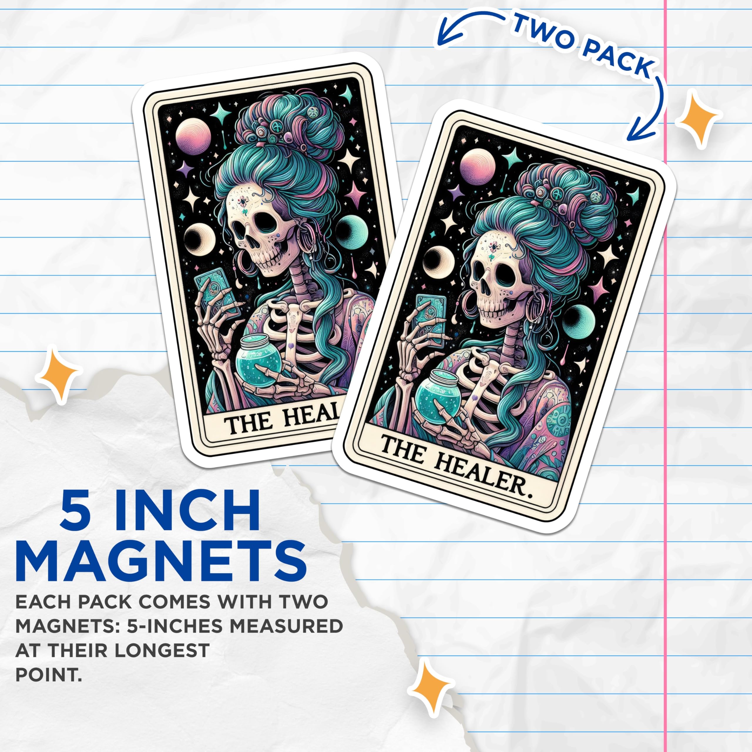 (2 Pack) The Healer Tarot Card Magnets - Mystical Skeleton Art - Bohemian Witchy Decor - 5 Inches On Longest Side - Thick Durable Magnet - Made in USA - MAG20821