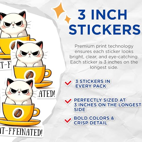 (3 Pack) Cat-ffeinated Decals - Grumpy Cat - Coffee Lover Stickers - 3 Inches On Longest Side - Easy Peel & Apply - Made in USA - 3MCS2073