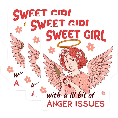 (3 Pack) Sweet Girl Anger Issues Decals - Angel Laptop Decal - Funny Sarcastic Decal - 3 Inches On Longest Side - Easy Peel & Apply - Made in USA - 3MCS4459