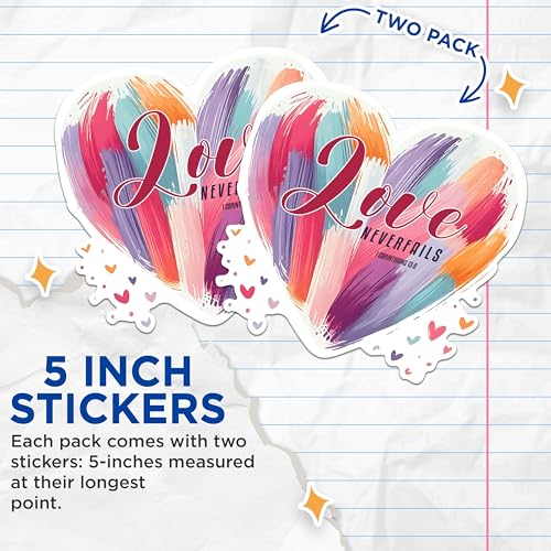 (2 Pack) Love Never Fails Stickers - Inspirational Heart Stickers - Colorful Motivational Stickers - 5" On Longest Side - Sticks to Any Smooth Flat Surface - Made in USA - BMCS2832