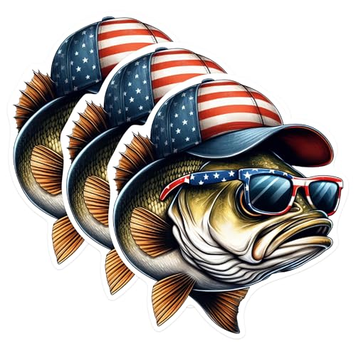 (3 Pack) American Bass Decals - Patriotic Fishing Stickers - USA Laptop Decal - 3 Inches On Longest Side - Easy Peel & Apply - Made in USA - 3MCS0250