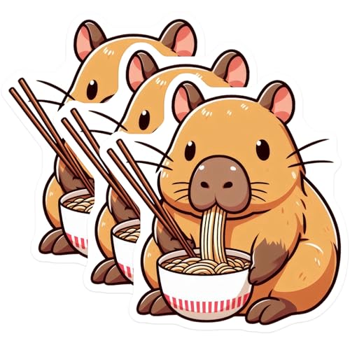 (3 Pack) Capybara Ramen Decals - Noodle Eating Rodent - Cute Animal Art - 3 Inches On Longest Side - Easy Peel & Apply - Made in USA - 3MCS8669