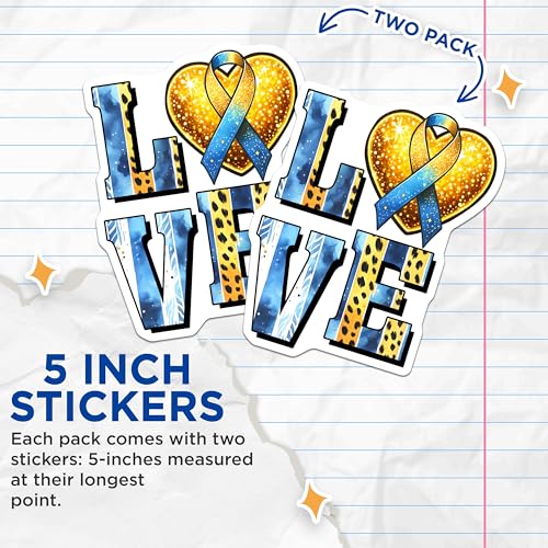 (2 Pack) Love Stickers - Blue and Yellow Ribbon - Spreading Awareness - 5" On Longest Side - Sticks to Smooth Flat Surfaces - Made in USA - BMCS8209