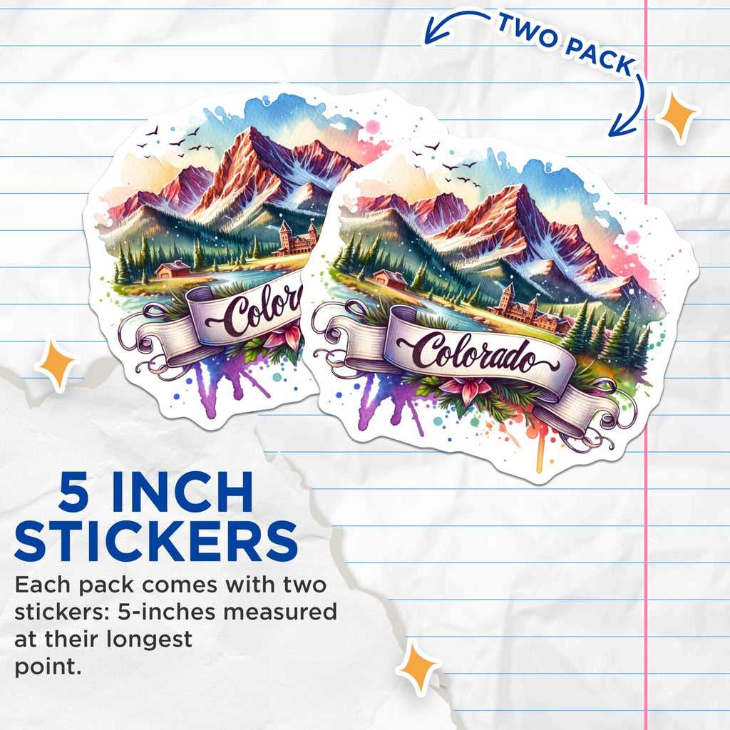 (2 Pack) Colorado Mountain Stickers - Scenic Nature Decal - Adventure Wilderness Sticker - 5" On Longest Side - Sticks to Smooth Flat Surfaces - Made in USA - BMCS7012