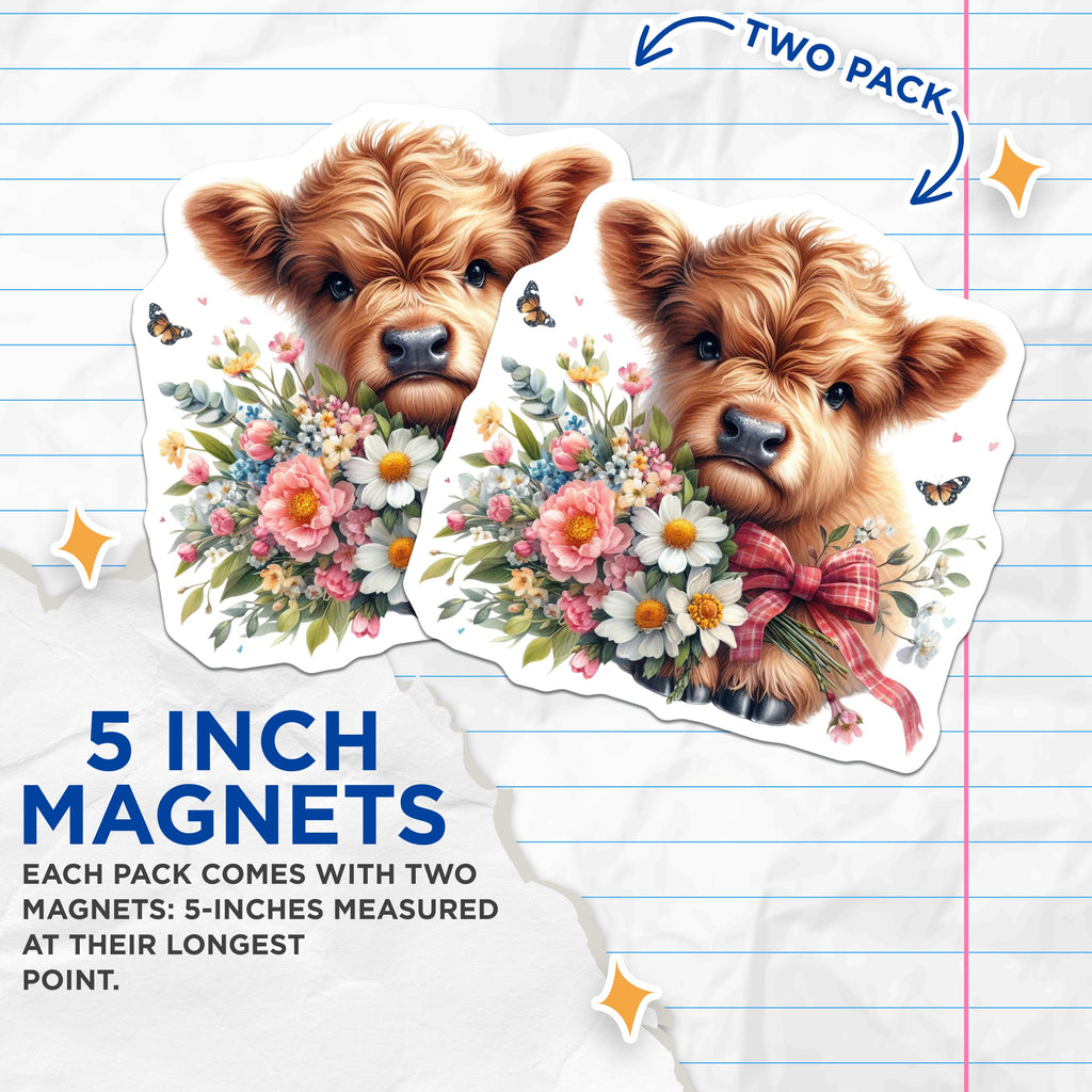 (2 Pack) Highland Cow Magnets - Cute Floral Calf Decor - Farmhouse Refrigerator Animal Lover - 5 Inches On Longest Side - Thick Durable Magnet - Made in USA - MAG36772