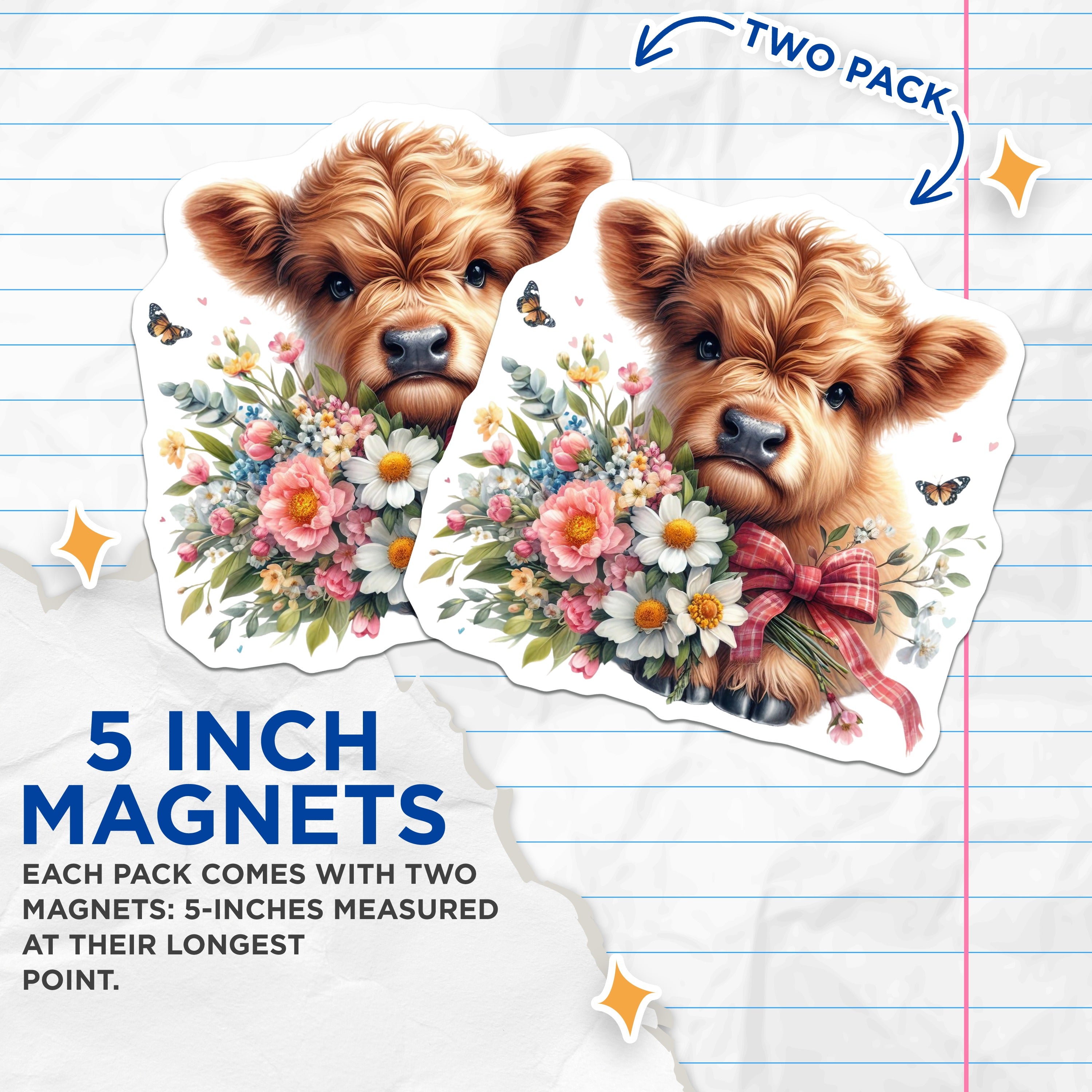 (2 Pack) Highland Cow Magnets - Cute Floral Calf Decor - Farmhouse Refrigerator Animal Lover - 5 Inches On Longest Side - Thick Durable Magnet - Made in USA - MAG36772