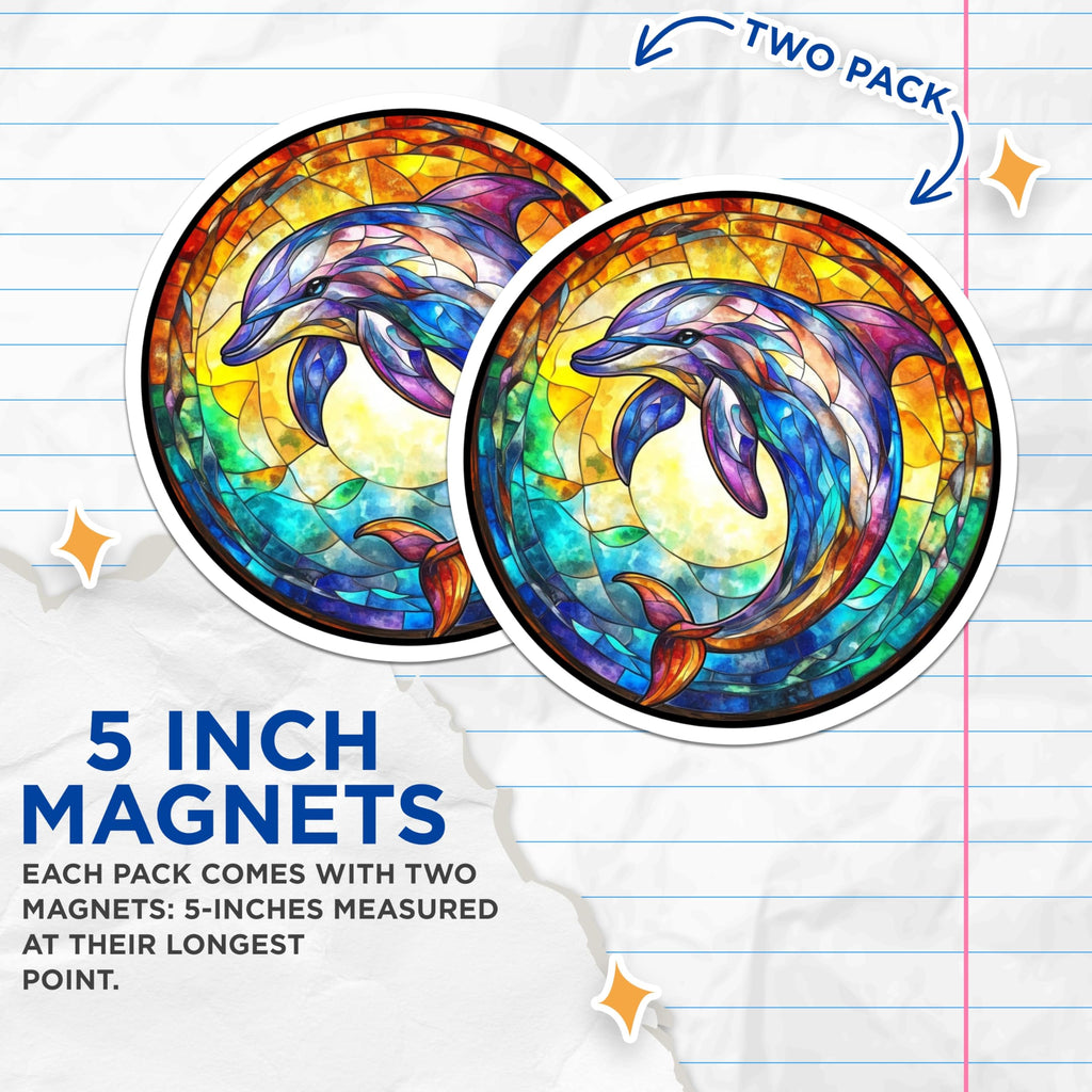 (2 Pack) Stained Glass Dolphin Magnets - Colorful Marine Life Art - Ocean Inspired Kitchen Decor - 5 Inches On Longest Side - Thick Durable Magnet - Made in USA - MAG27728
