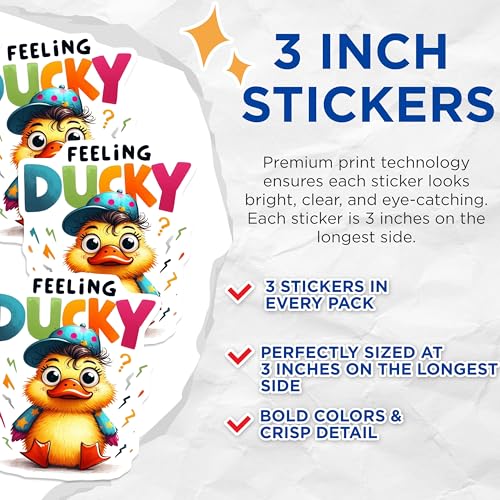 (3 Pack) Feeling Ducky Decals - Cute Duck Art - Laptop Decals- 3 Inches On Longest Side - Easy Peel & Apply - Made in USA - 3MCS5123