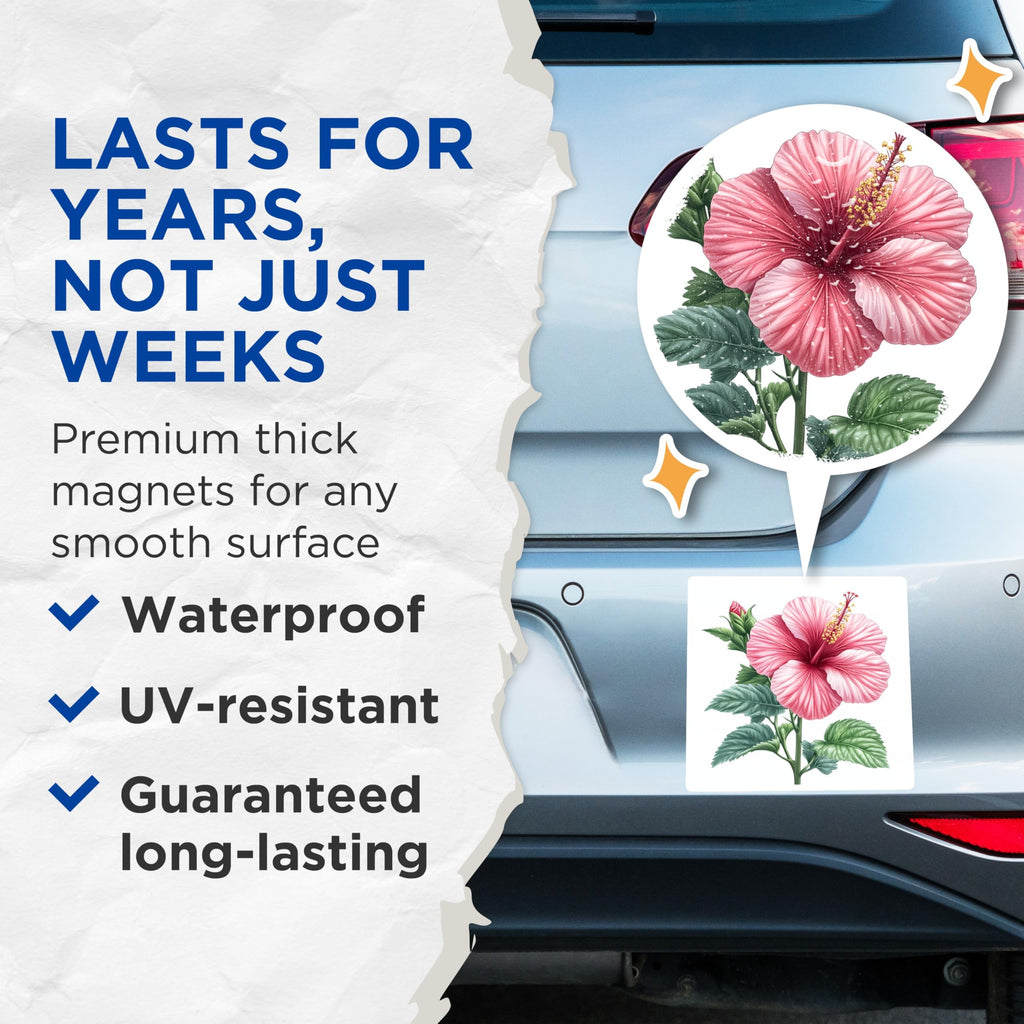 (2 Pack) Pink Hibiscus Flower Magnets - Tropical Floral Decor - Refrigerator Locker Accent - 5 Inches On Longest Side - Thick Durable Magnet - Made in USA - MAG28910