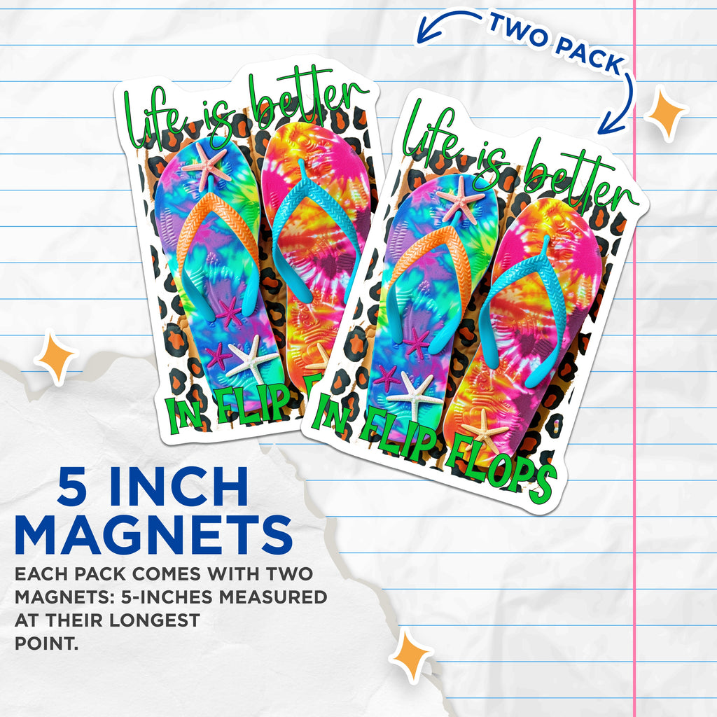 (2 Pack) Tie Dye Flip Flop Magnets - Beach Life Refrigerator - Starfish Summer Art - 5 Inches On Longest Side - Thick Durable Magnet - Made in USA - MAG38701