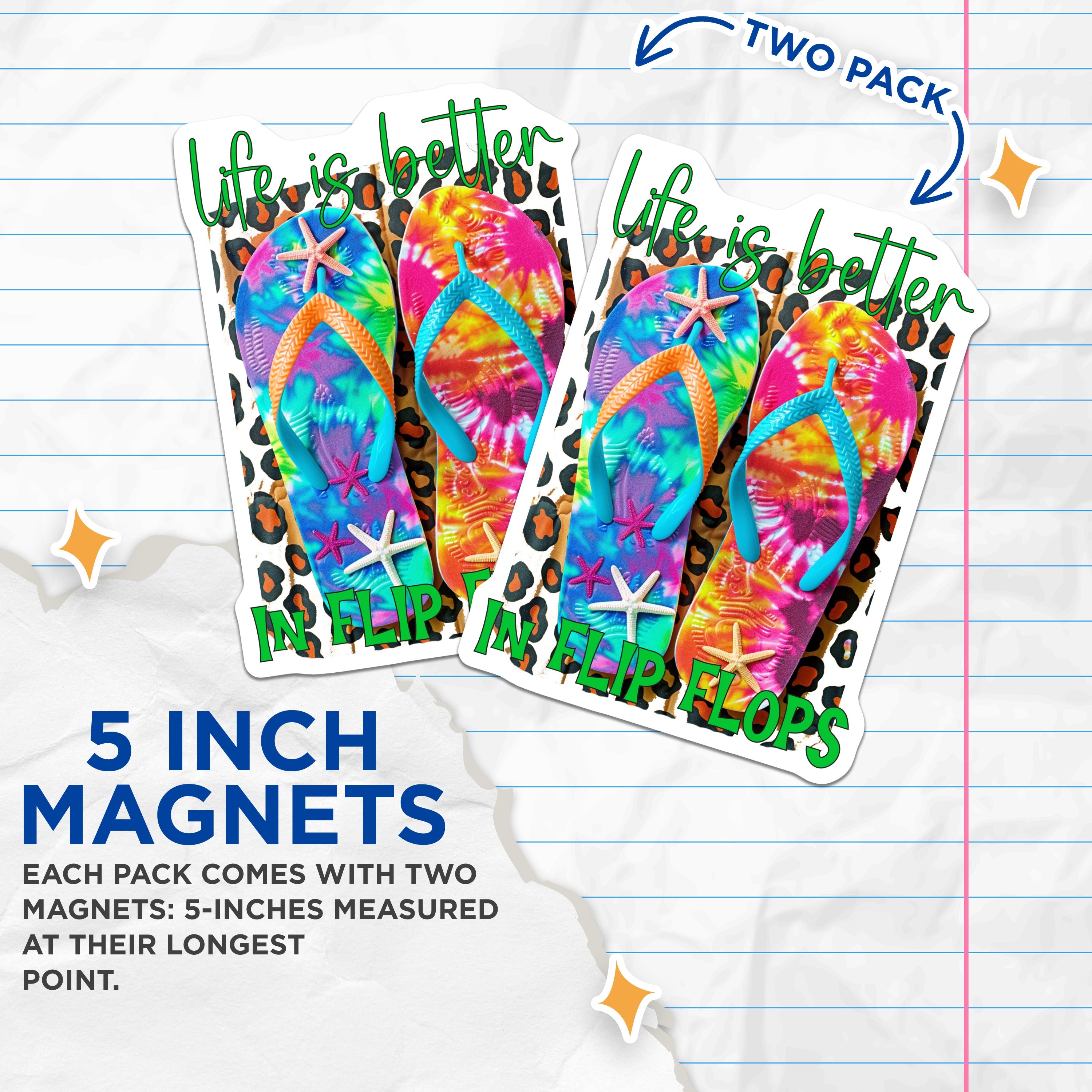 (2 Pack) Tie Dye Flip Flop Magnets - Beach Life Refrigerator - Starfish Summer Art - 5 Inches On Longest Side - Thick Durable Magnet - Made in USA - MAG38701