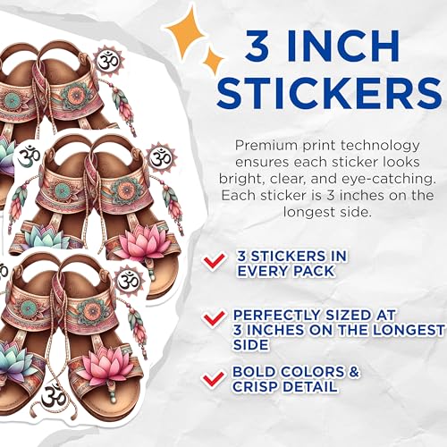 (3 Pack) Bohemian Sandals Decals - Lotus Flower Art - Spiritual Symbol Sticker - 3 Inches On Longest Side - Easy Peel & Apply - Made in USA - 3MCS7606
