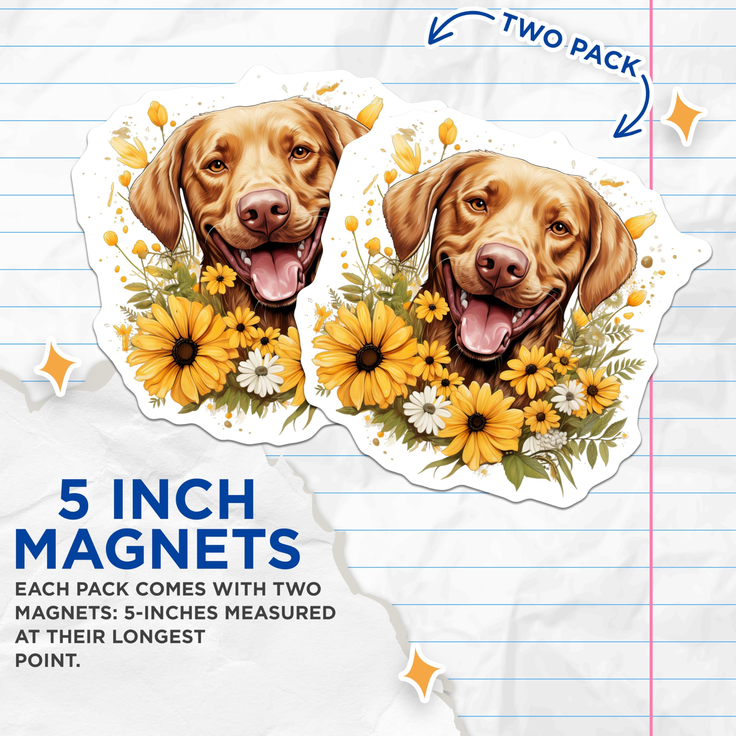 (2 Pack) Golden Retriever Magnets - Happy Dog Sunny Flowers - Pet Owner Home Accent - 5 Inches On Longest Side - Thick Durable Magnet - Made in USA - MAG23376