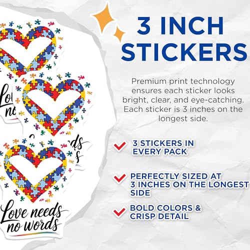 (3 Pack) Autism Awareness Decals - Puzzle Heart Decal - Love Needs No Words Decal - 3 Inches On Longest Side - Easy Peel & Apply - Made in USA - 3MCS0064