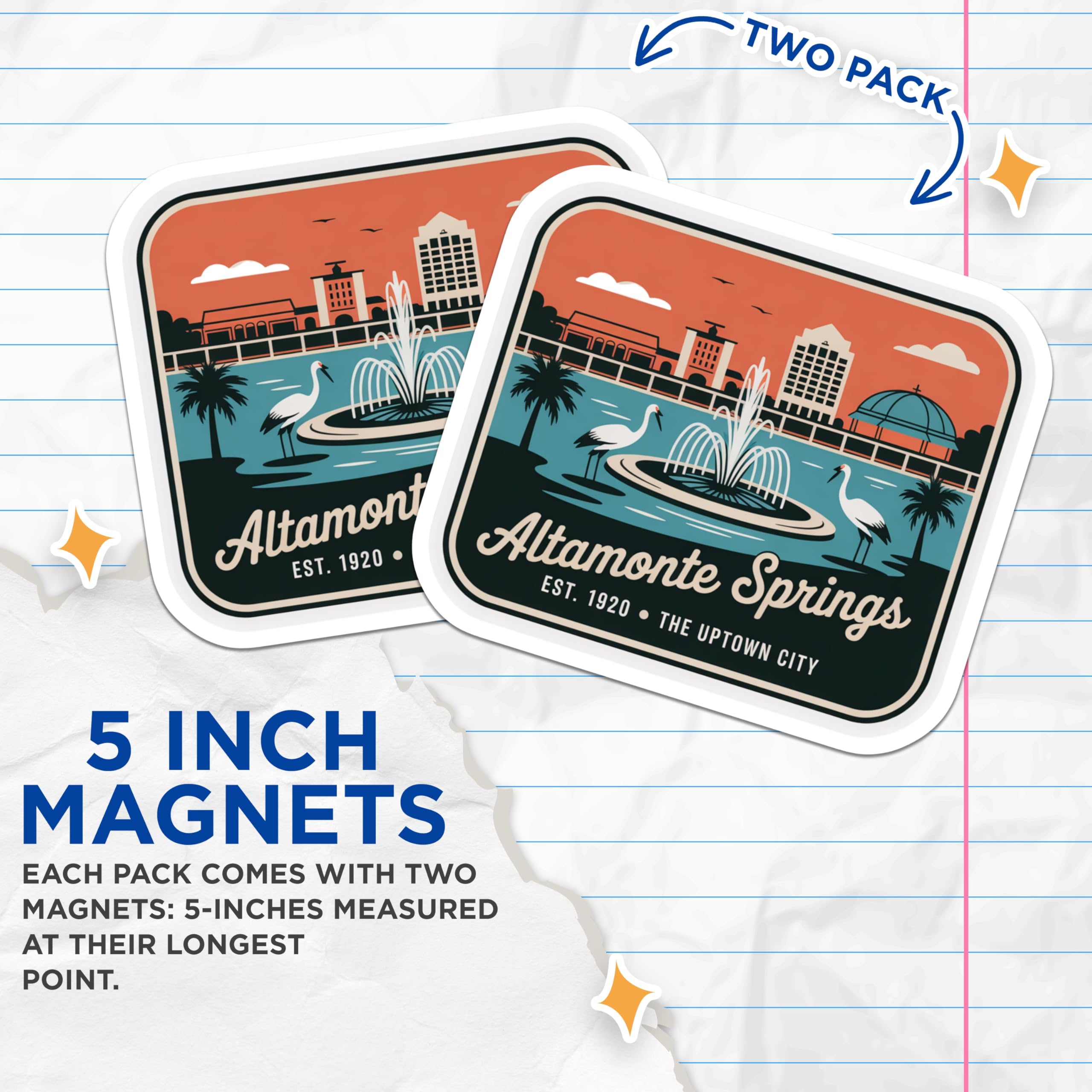 (2 Pack) Altamonte Springs Florida Magnets - Vintage Travel Souvenir - Uptown City Fountain Skyline Art - Cranes Palm Trees - 5 Inches On Longest Side - Thick Durable Magnet - Made in USA - MAG19125