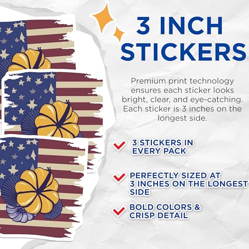 (3 Pack) American Flag Decals - Flower Decals - Patriotic Stickers for Laptop - 3 Inches On Longest Side - Easy Peel & Apply - Made in USA - 3MCS7744