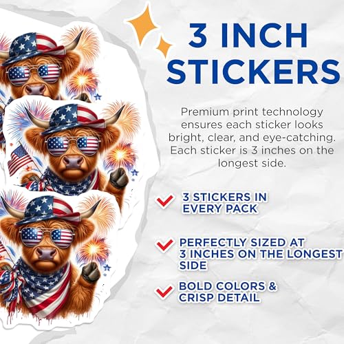 (3 Pack) Patriotic Cow Decals - American Flag - Laptop Decal - 4th July Decals- 3 Inches On Longest Side - Easy Peel & Apply - Made in USA - 3MCS5103