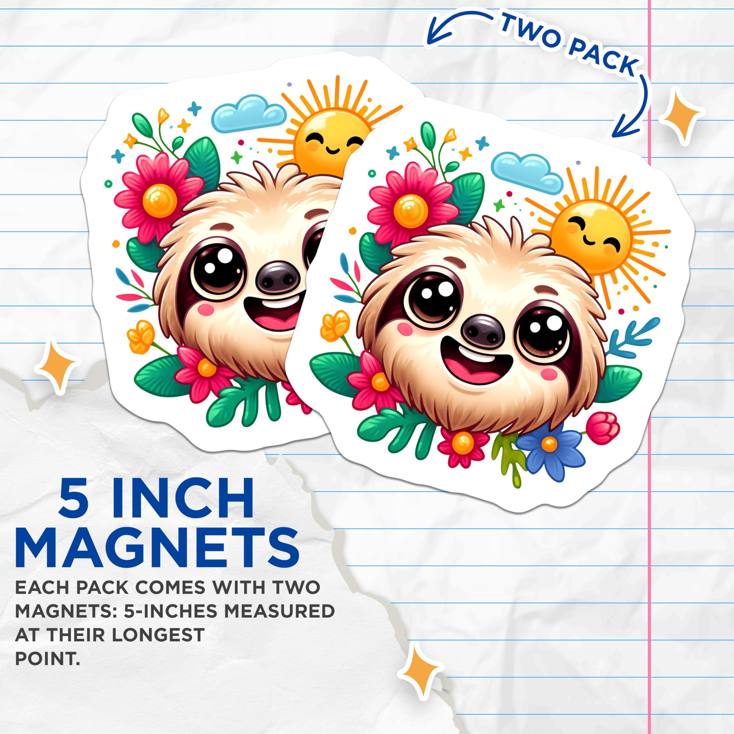 (2 Pack) Adorable Sloth Magnets - Happy Smiling Sloth Face - Colorful Floral Nature Decor - Whimsical Summer Fridge Art - 5 Inches On Longest Side - Thick Durable Magnet - Made in USA - MAG22315