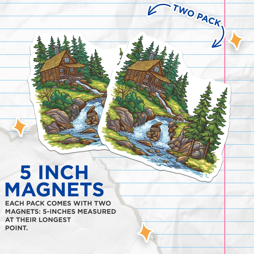 (2 Pack) Woodland Cabin Waterfall Magnets - Rustic Nature Scene - Mountain Lodge Decor - 5 Inches On Longest Side - Thick Durable Magnet - Made in USA - MAG37859
