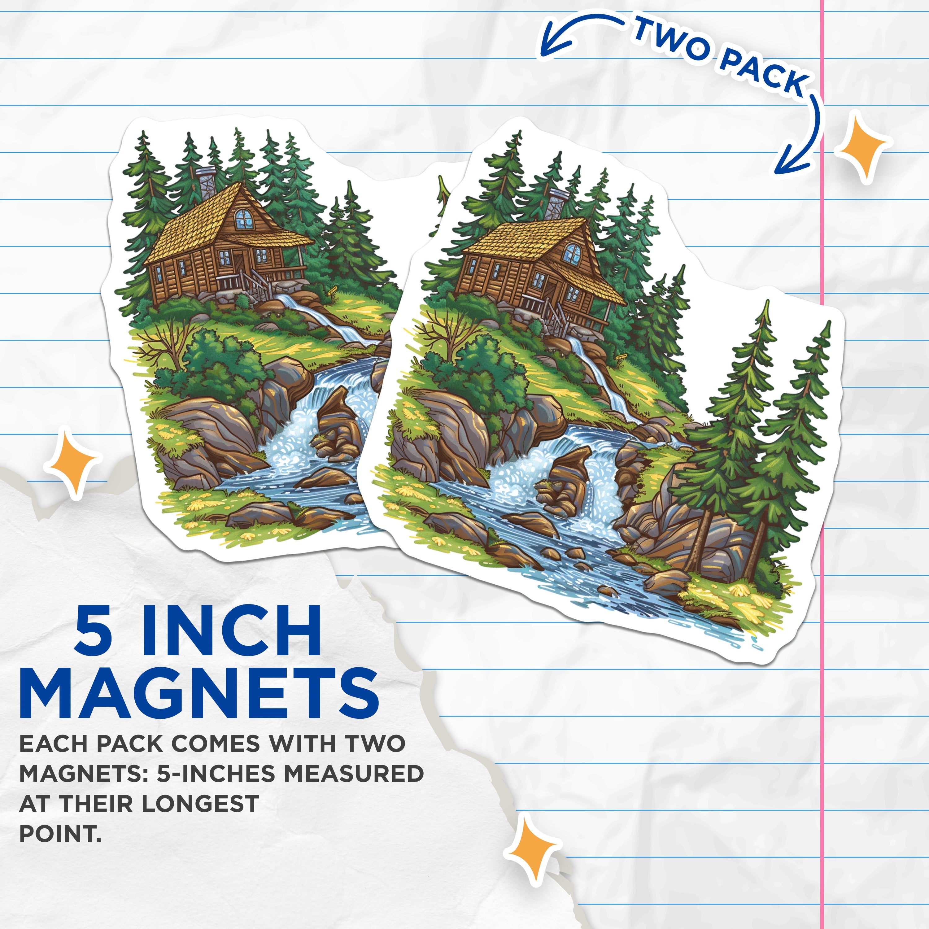(2 Pack) Woodland Cabin Waterfall Magnets - Rustic Nature Scene - Mountain Lodge Decor - 5 Inches On Longest Side - Thick Durable Magnet - Made in USA - MAG37859