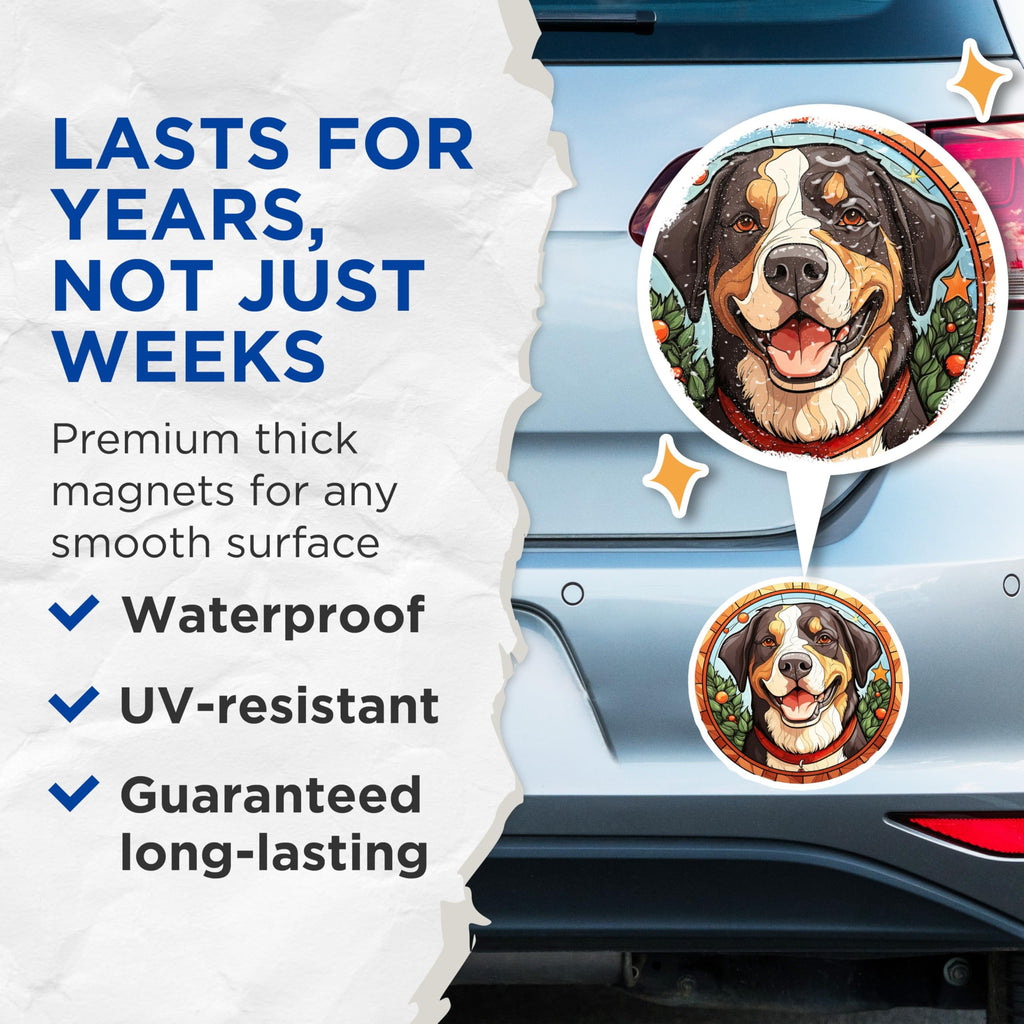 (2 Pack) Bernese Mountain Dog Magnets - Stained Glass Pet Art - Festive Christmas Dog Decor - Dog Lover Home Accent - 5 Inches On Longest Side - Thick Durable Magnet - Made in USA - MAG25490