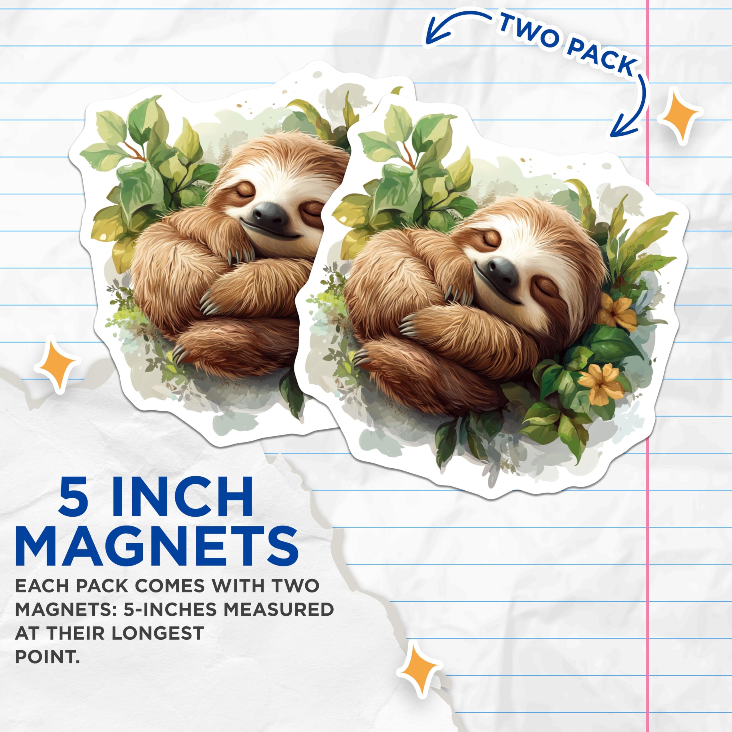 (2 Pack) Sleeping Sloth Magnets - Cute Animal Refrigerator Art - Nursery Decor Office Locker Accessory - 5 Inches On Longest Side - Thick Durable Magnet - Made in USA - MAG29688