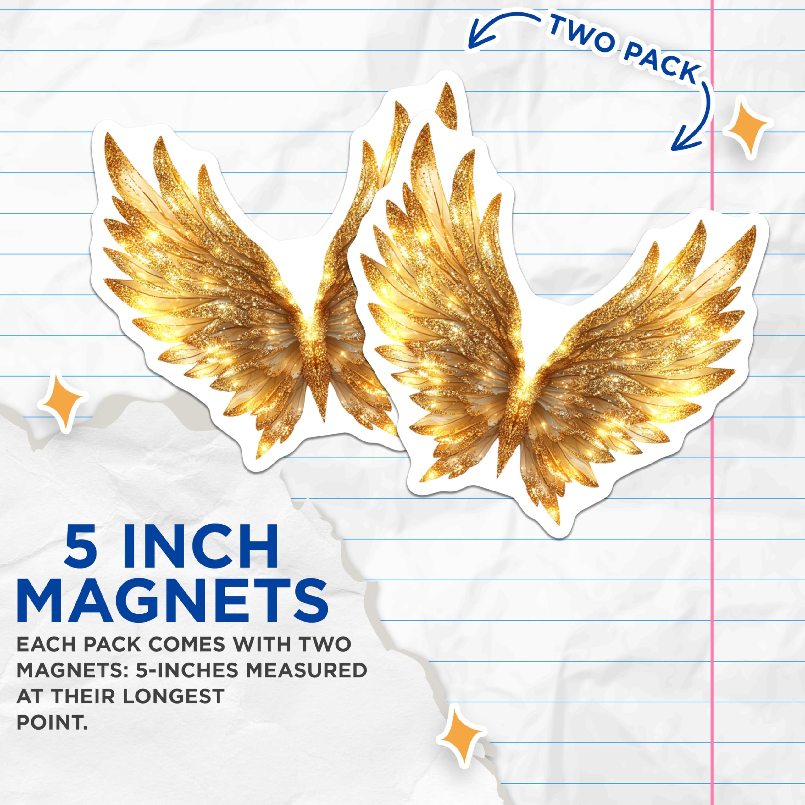 (2 Pack) Golden Wings Magnets - Angel Wings Decor - Sparkle Glam Accessory - 5 Inches On Longest Side - Thick Durable Magnet - Made in USA - MAG29554