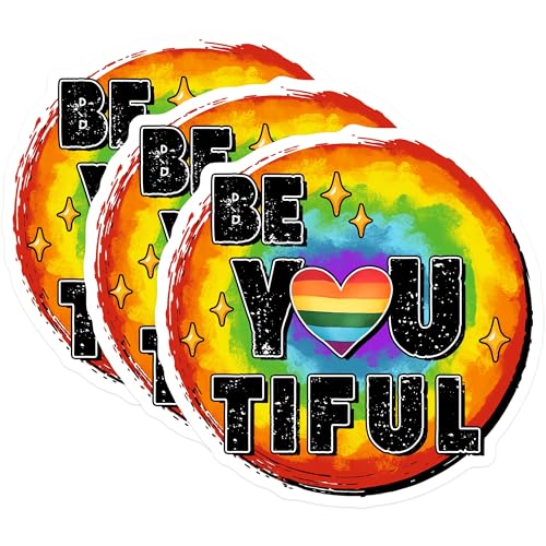 (3 Pack) Be You Tiful Decals - Rainbow Heart Stickers - Inspirational Quotes - 3 Inches On Longest Side - Easy Peel & Apply - Made in USA - 3MCS7041