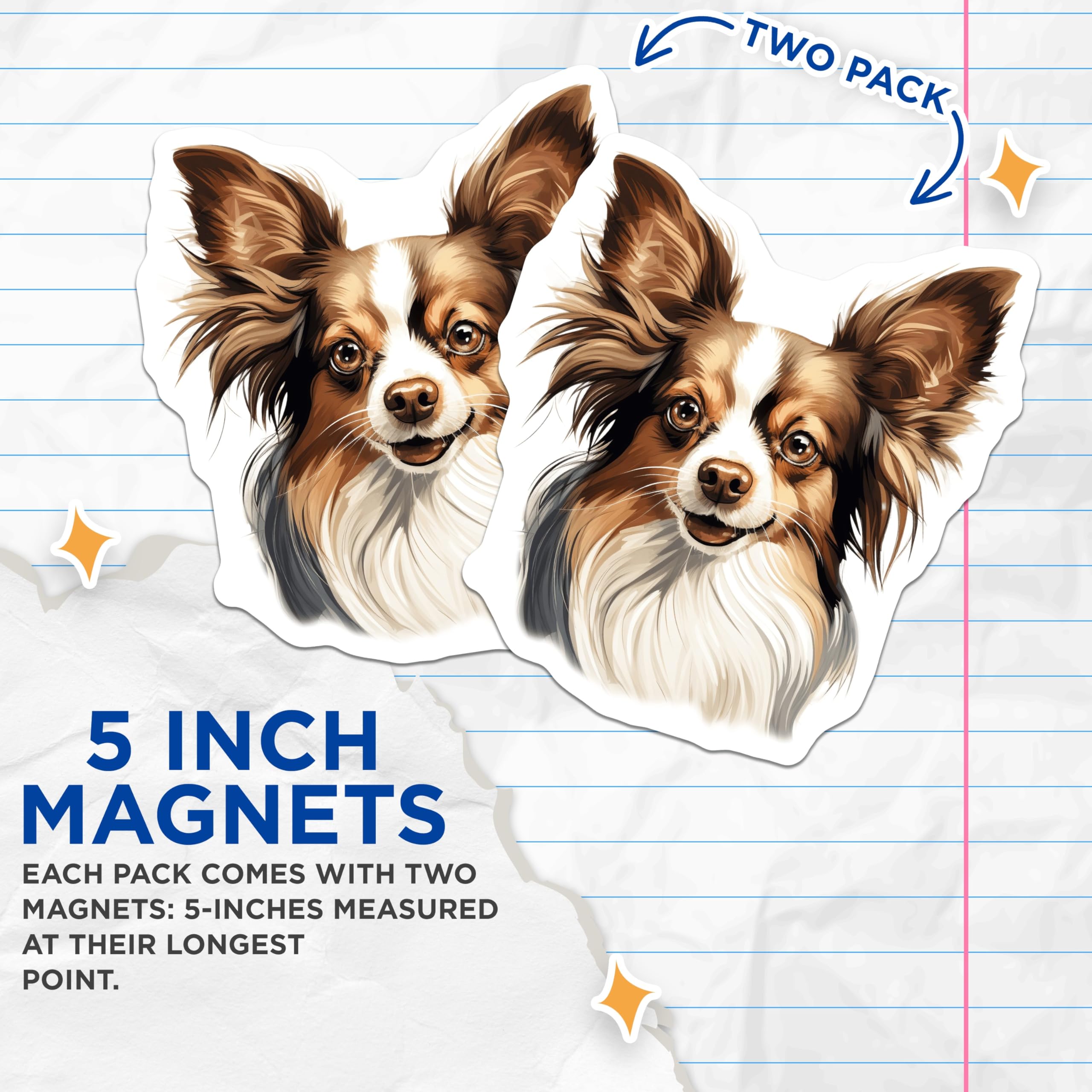 (2 Pack) Papillon Dog Magnets - Cute Pet Portrait - Dog Breed Decor for Pet Parents - 5 Inches On Longest Side - Thick Durable Magnet - Made in USA - MAG26512