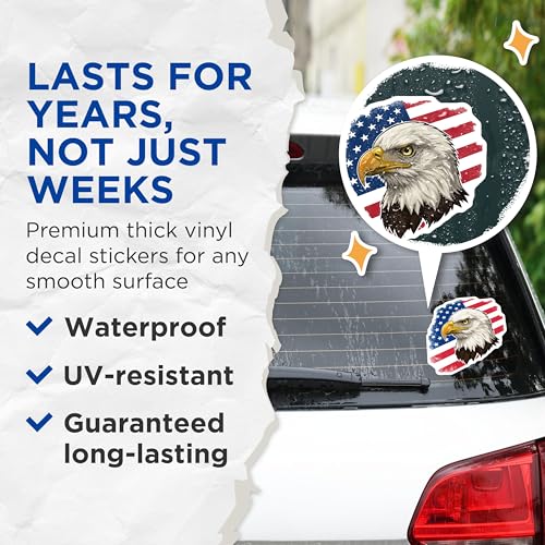 (2 Pack) American Eagle Stickers - Patriotic USA Flag - Bald Eagle Decal for Laptops Water Bottles - 5" On Longest Side - Sticks to Smooth Flat Surfaces - Made in USA - BMCS9953