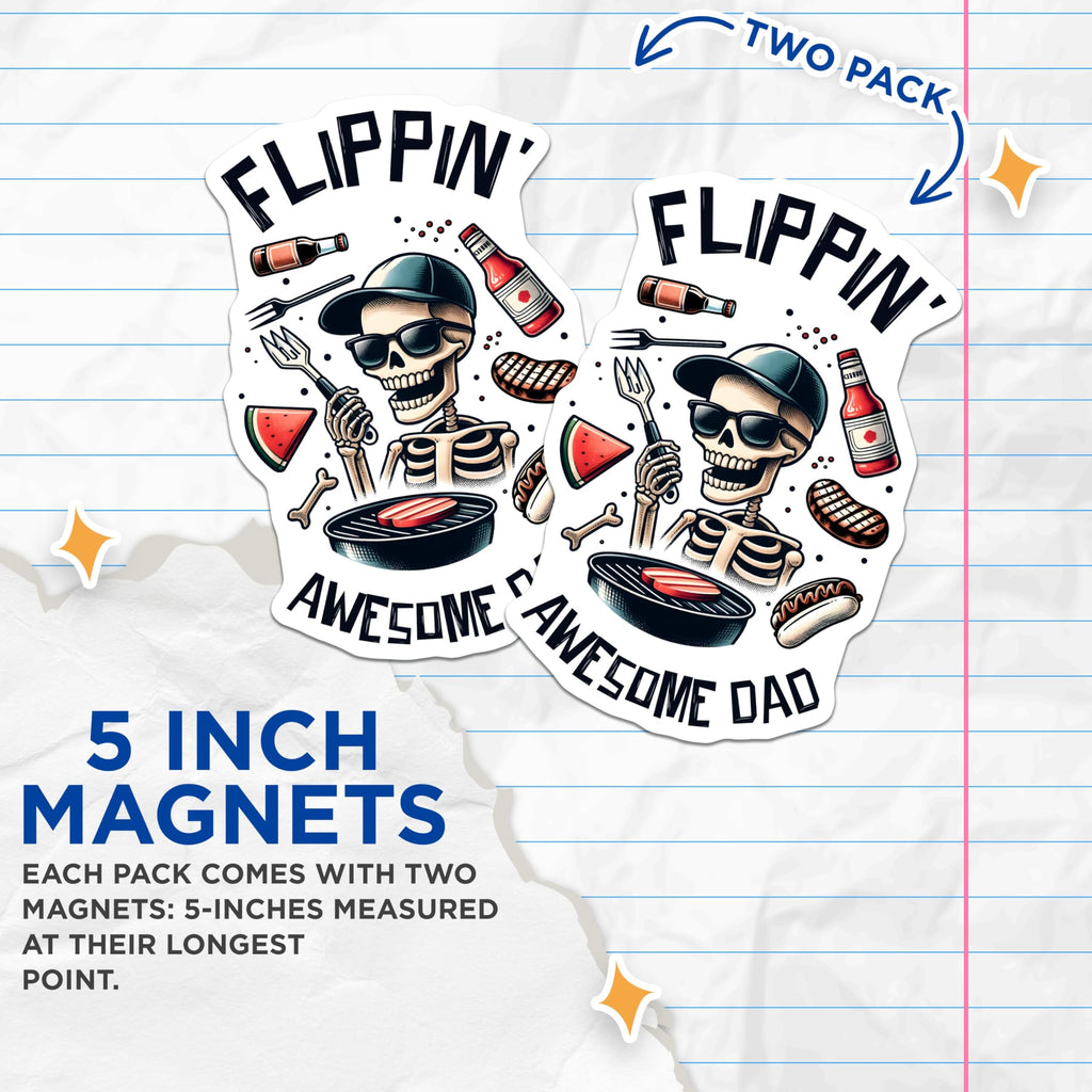 (2 Pack) Flippin' Awesome Dad Magnets - Funny Skeleton BBQ - 5" On Longest Side - for Cars, Fridges, Toolboxes - Made in USA - MAG7468