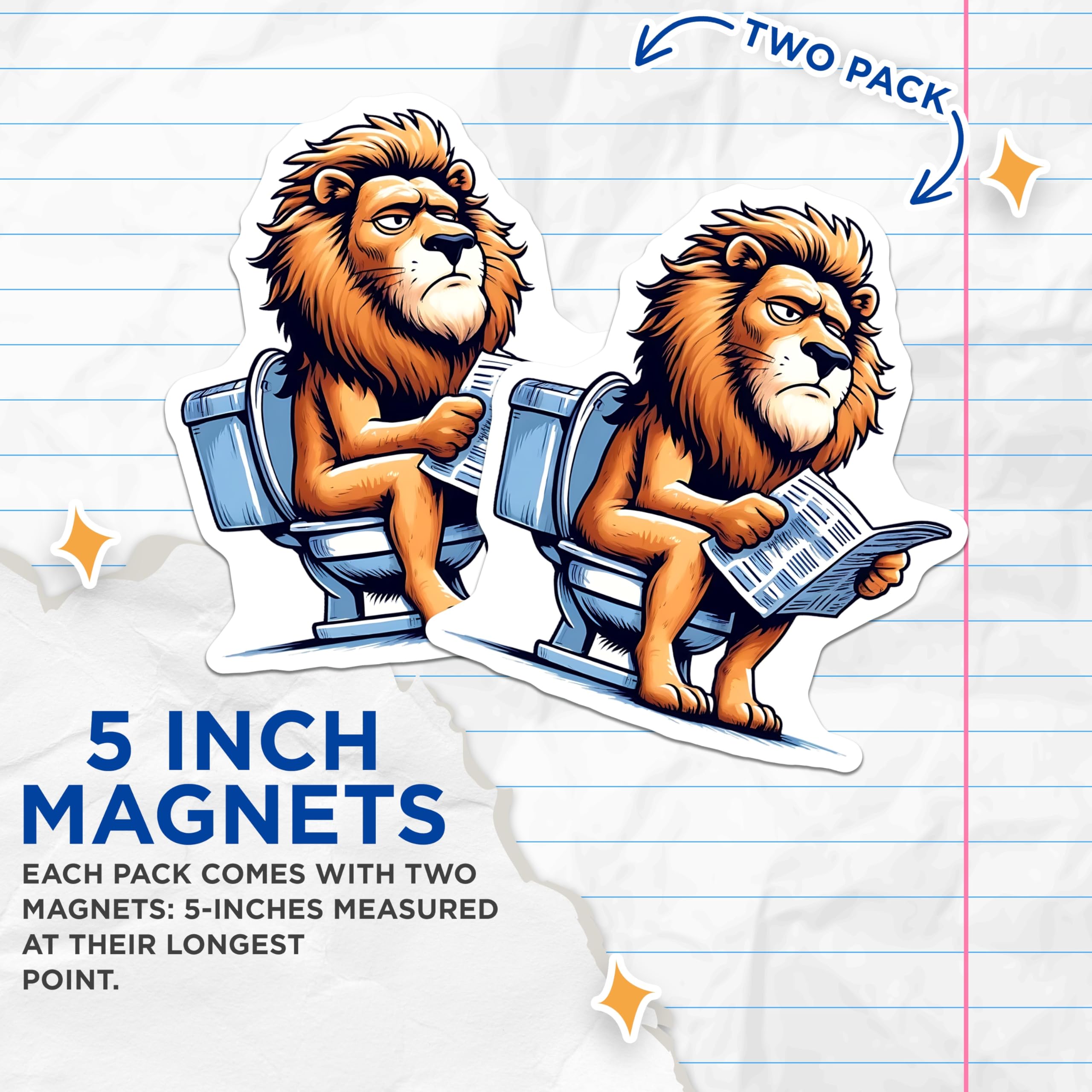 (2 Pack) Lion on Toilet Magnets - Funny Bathroom Decor - Cartoon Animal Magnets - 5" On Longest Side - Premium Magnet - for Cars, Refrigerators, Toolboxes, Lockers - Made in USA - MAG15342