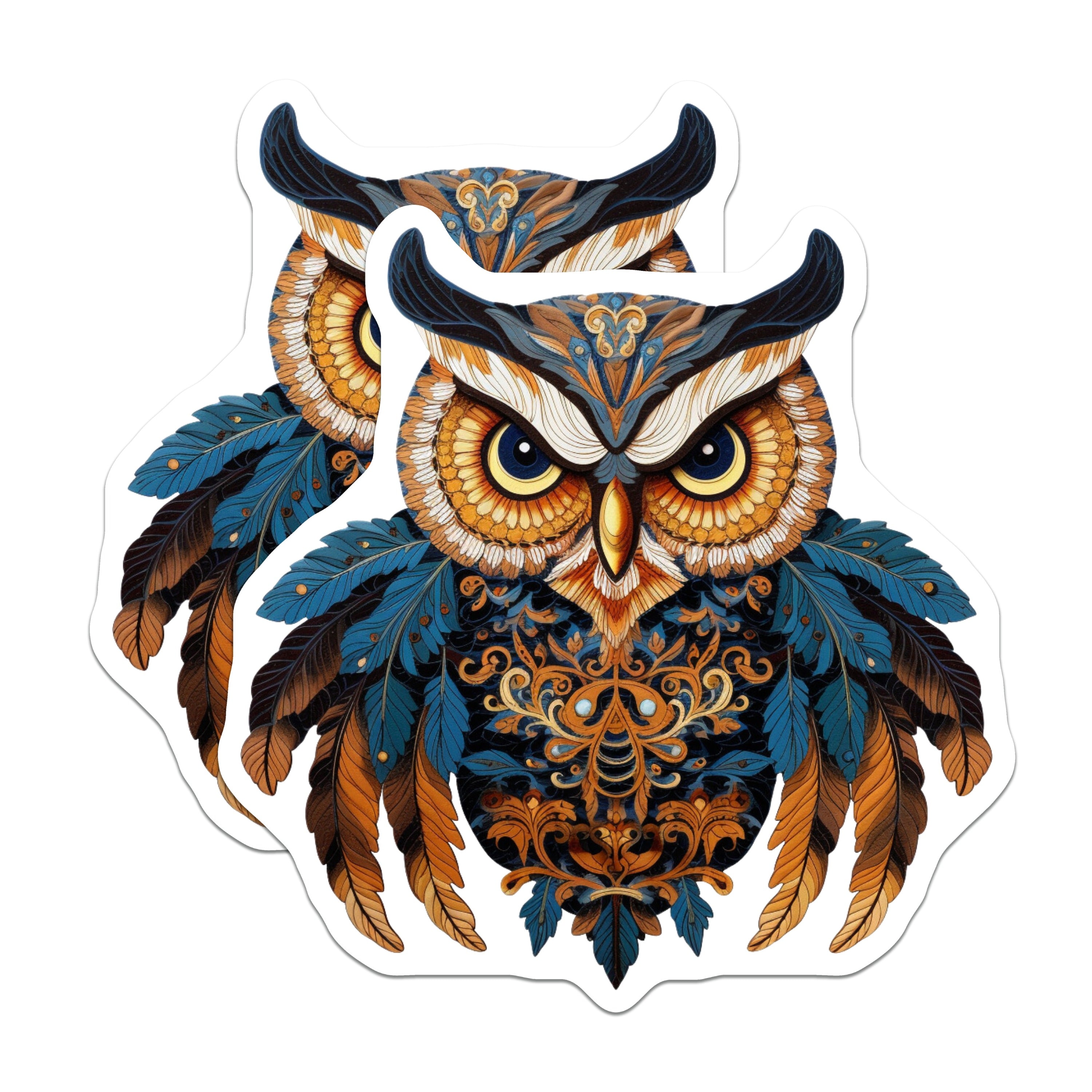 (2 Pack) Blue Gold Owl Magnets - Intricate Mandala Folk Art - Spiritual Wisdom Kitchen Decor - 5 Inches On Longest Side - Thick Durable Magnet - Made in USA - MAG36652