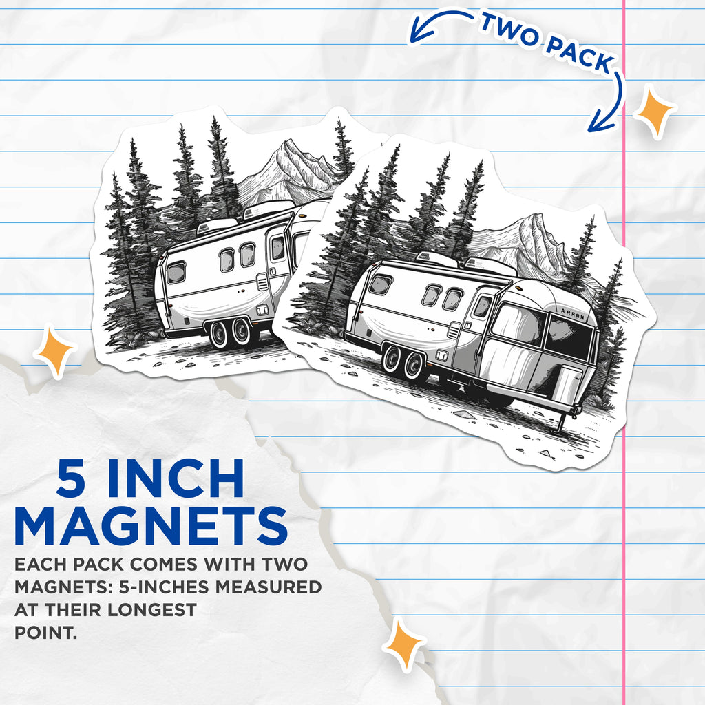 (2 Pack) Airstream Camper Magnets - Mountain Forest RV Adventure - Vintage Travel Trailer - 5 Inches On Longest Side - Thick Durable Magnet - Made in USA - MAG36988