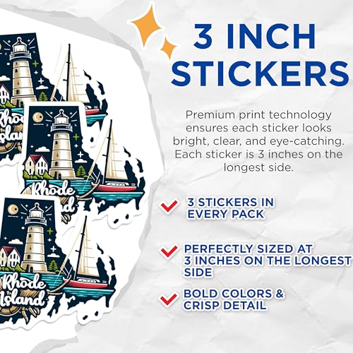 (3 Pack) Rhode Island Decals - Nautical Lighthouse - Sailboat State Pride - 3 Inches On Longest Side - Easy Peel & Apply - Made in USA - 3MCS0160