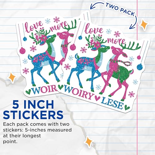 (2 Pack) Love More Reindeer Stickers - Christmas Season Decor - Cute Winter Holiday Sticker - 5" On Longest Side - Sticks to Smooth Flat Surfaces - Made in USA - BMCS6847