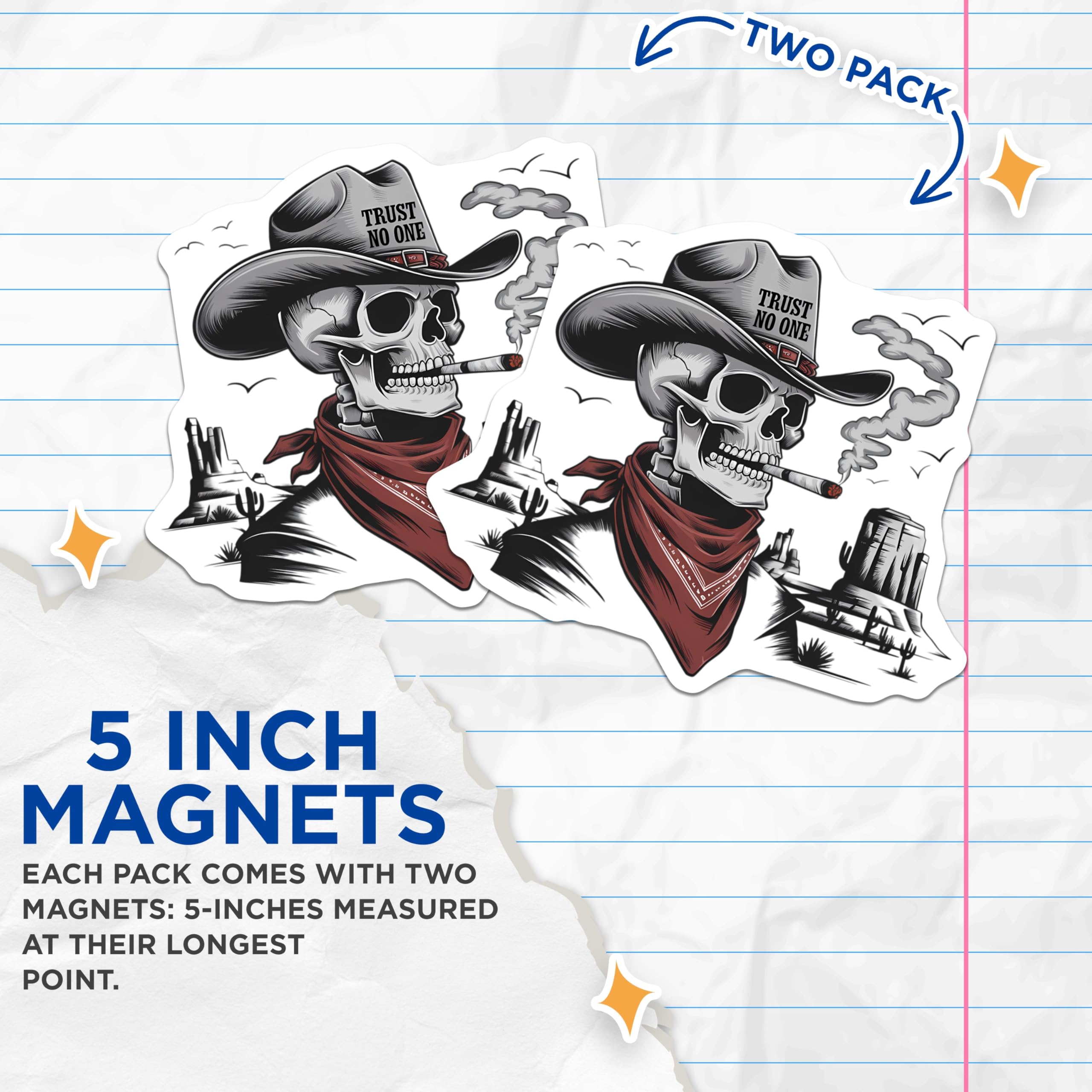 (2 Pack) Cowboy Skeleton Magnets - Trust No One Western Skull Art - Smoking Outlaw Desert Refrigerator Accessories for Fridge - 5 Inches On Longest Side - Thick Durable Magnet - Made in USA - MAG21089