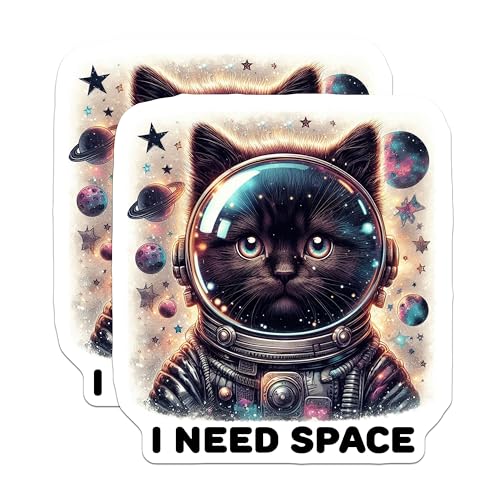 (2 Pack) Cat Space Stickers - Astronaut Cat Stickers - I Need Space Stickers - Cute Cat Stickers - Space Theme Stickers - 5" On Longest Side - Sticks to Smooth Flat Surfaces - Made in USA - BMCS4601