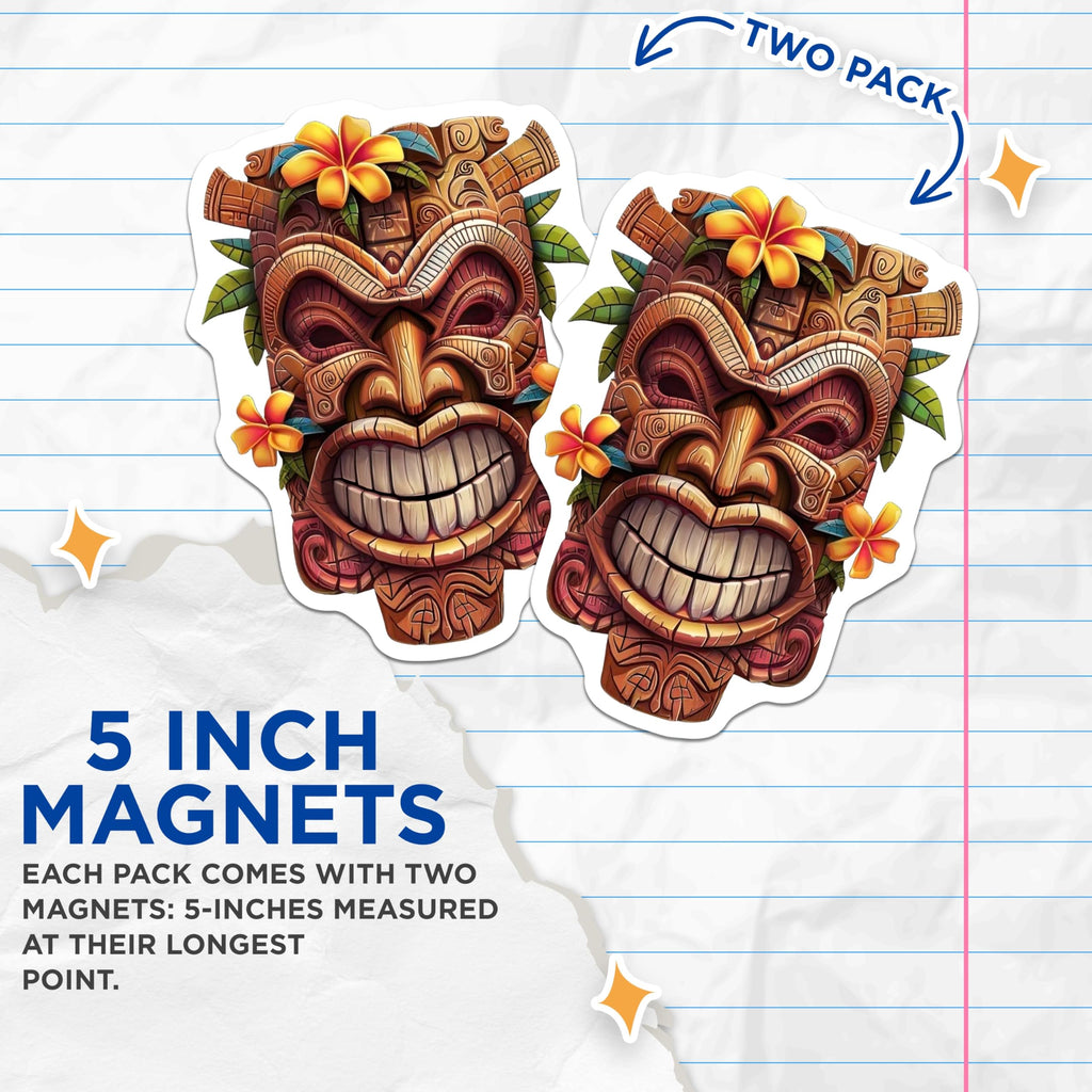 (2 Pack) Hawaiian Tiki Mask Magnets - Tropical Island Decor - Polynesian Luau Theme Fridge Accessory - 5 Inches On Longest Side - Thick Durable Magnet - Made in USA - MAG22991