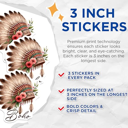 (3 Pack) Boho Headdress Decals - Floral Headdress Stickers - Bohemian Laptop Decor - 3 Inches On Longest Side - Easy Peel & Apply - Made in USA - 3MCS6306