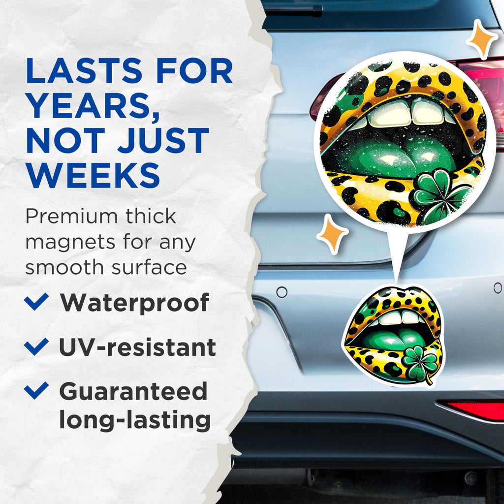 (2 Pack) Leopard Lips Magnets - Shamrock Magnet - St Patricks Day Magnet - 5" On Longest Side - Premium Magnet - for Cars, Refrigerators, Toolboxes, Lockers - Made in USA - MAG17018