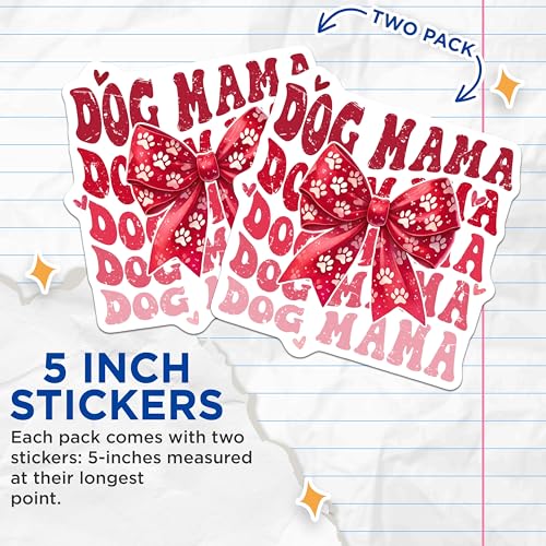 (2 Pack) Dog Mama Stickers - Paw Print Bow Decal Stickers - Pet Lover Vinyl Stickers - 5" On Longest Side - Sticks to Any Smooth Flat Surface - Made in USA - BMCS3443