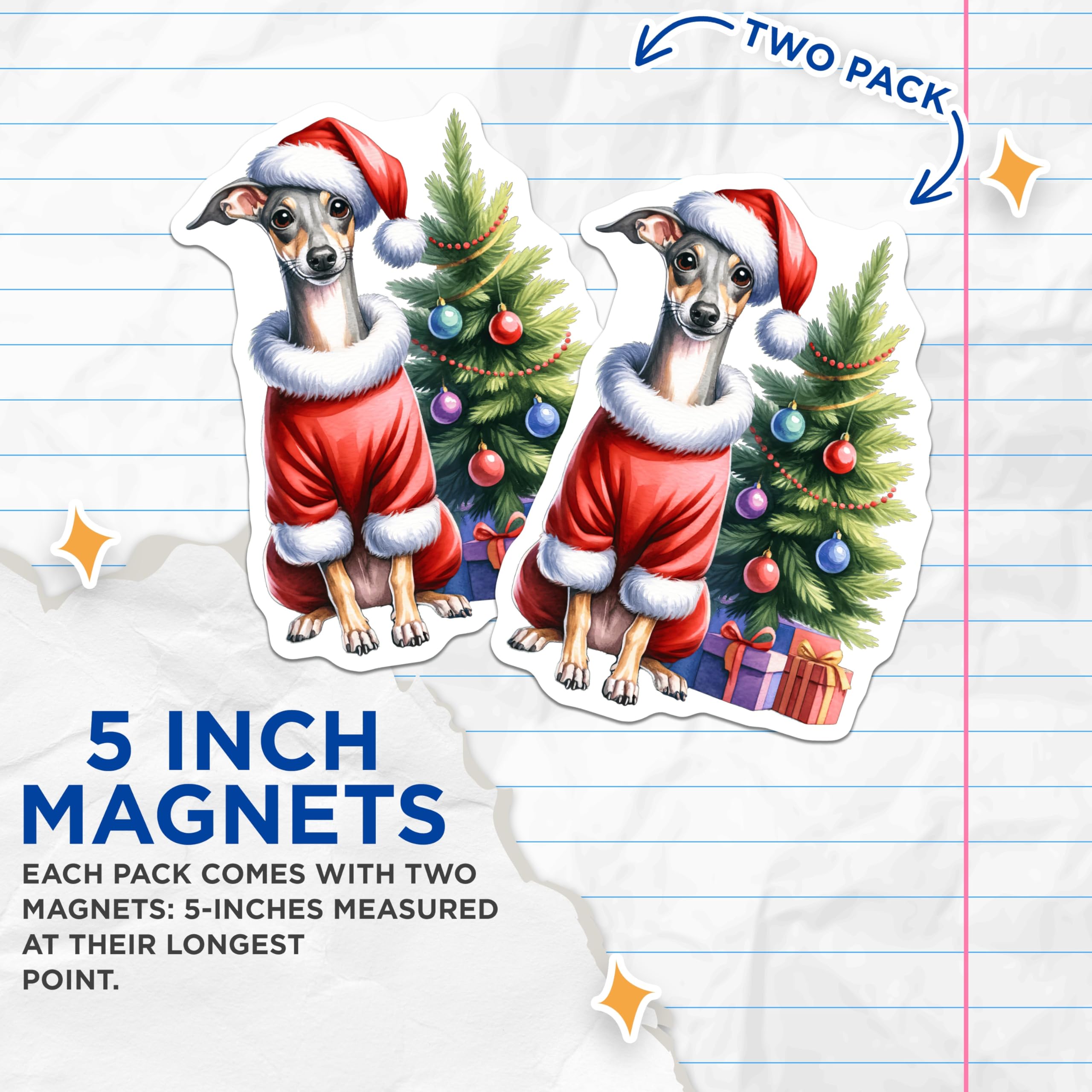 (2 Pack) Italian Greyhound Santa Magnets - Christmas Dog Holiday Decor - Pet Lover Refrigerator Accessory - 5 Inches On Longest Side - Thick Durable Magnet - Made in USA - MAG27548